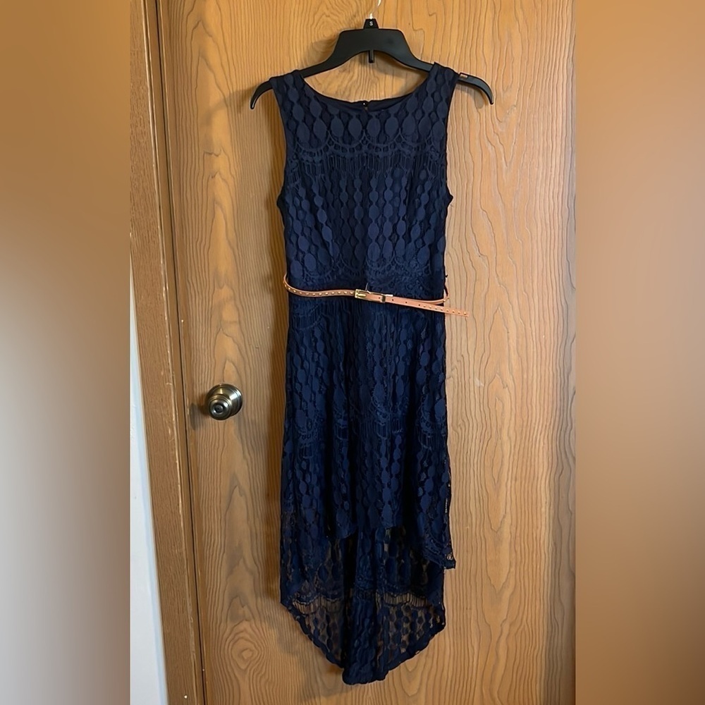 Xhilaration High Low Sleeveless Navy Lace Dress with Thin Brown Waist Belt